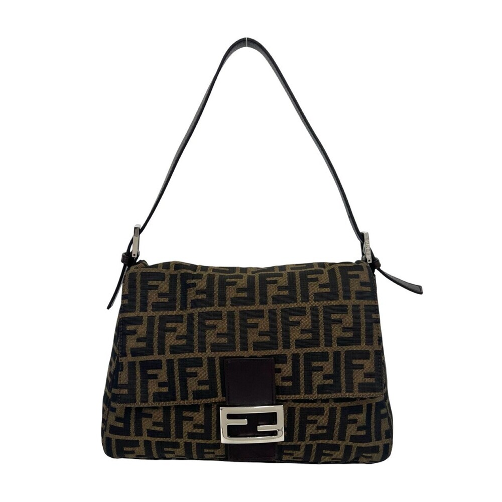 FENDI Mamma Bucket Zucca FF Logo Hardware Canvas Leather Semi One-Shoulder Ba...